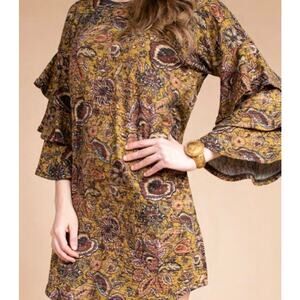 Uncle Frank Size LG Ruffle Bell Sleeve Floral Knit Dress Soft Gold Anthropologie